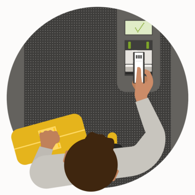 Top-down graphic depiction of a person using an ATM