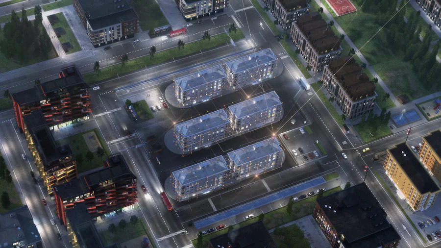 Digital rendering of groups of apartment buildings, the central ones are lit up and mirrored