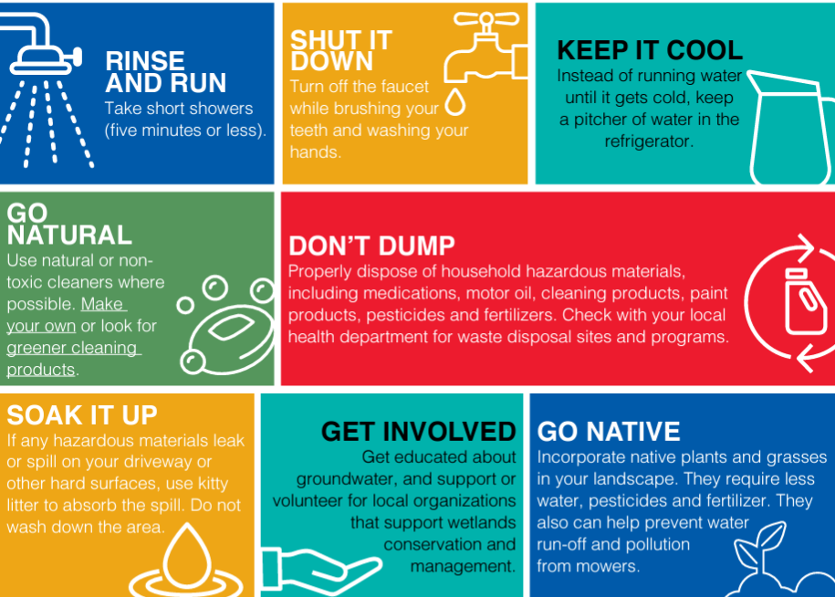 Info graphic of 8 ways to save water from shorter showers, keeping water in the fridge to cool, not dumping chemicals, using litter to contain oil spills, to landscaping with native plants and using more natural cleaners.