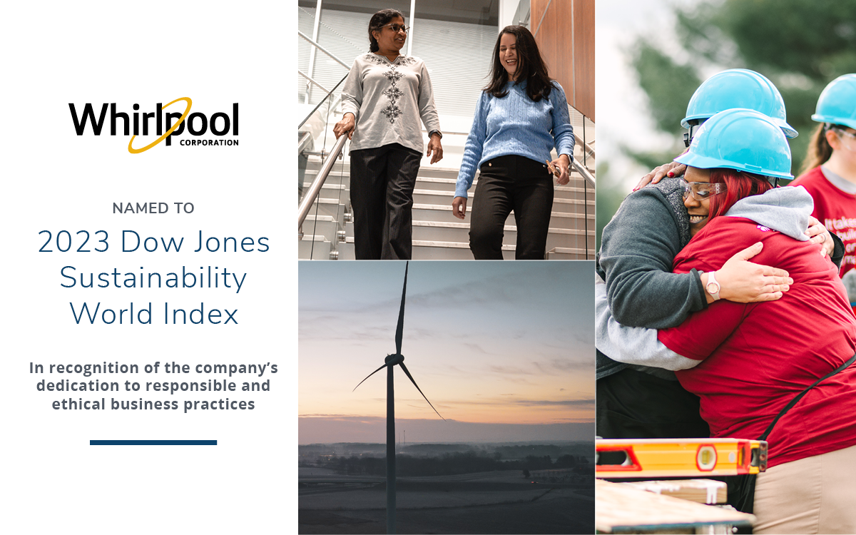 "Whirlpool Named to 2023 Dow Jones Sustainability World Index" next to a collage of images of a wind turbine, people walking down a staircase, and others hugging.