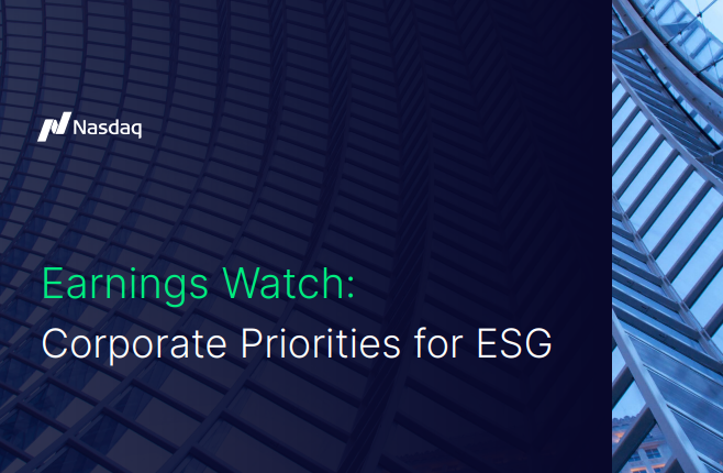Nasdaq logo and "Earnings watch: Corporate priorities for ESG".
