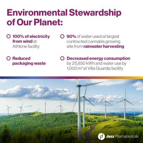 "Environmental Stewardship of Our Planet:" Four bullet points. Below, A large area of land with wind turbines.
