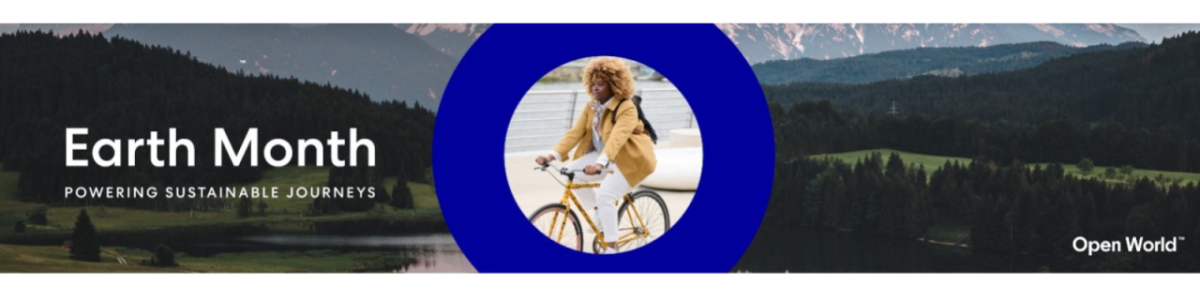 Earth Month, powering sustainable journeys. A person on a bicycle is central.