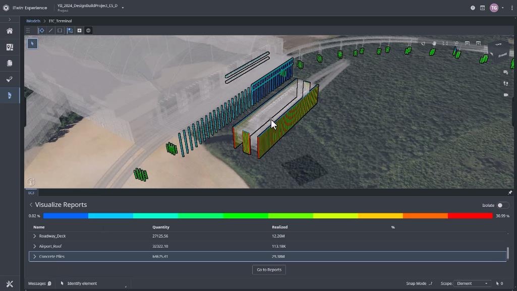 A color-coded, three-dimensional, digital rendering of an airport in the iTwin experience — embodied carbon