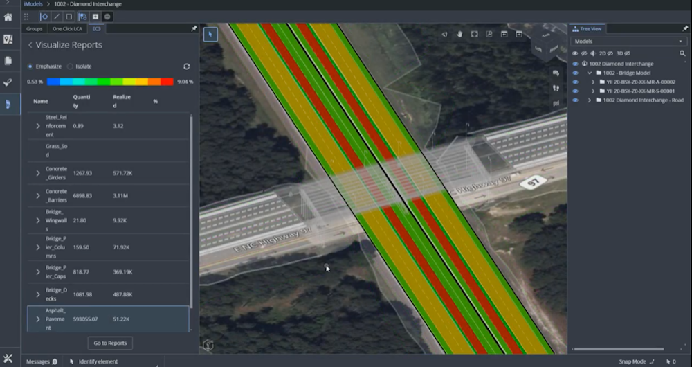 A color-coded model of a bridge in the iTwin Experience — embodied carbon