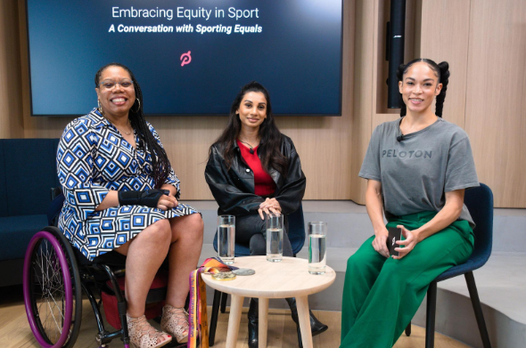 Three women in front of screen that reads "Embracing Equity in Sport" A conversation with Sporting Equals