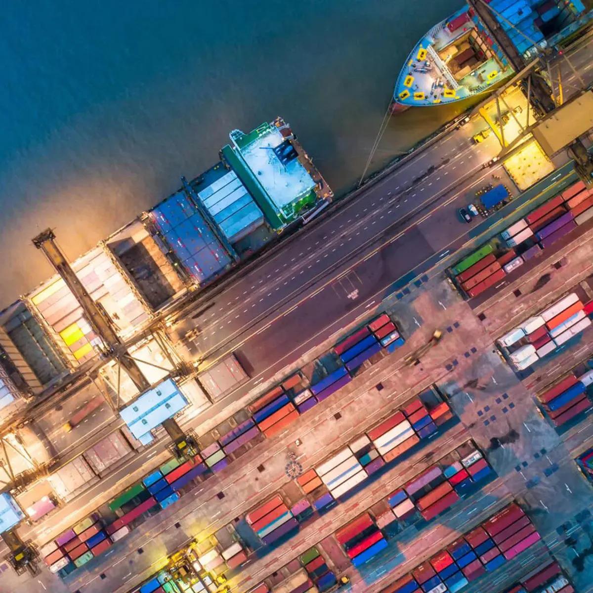 Aerial view of a busy shipping port.