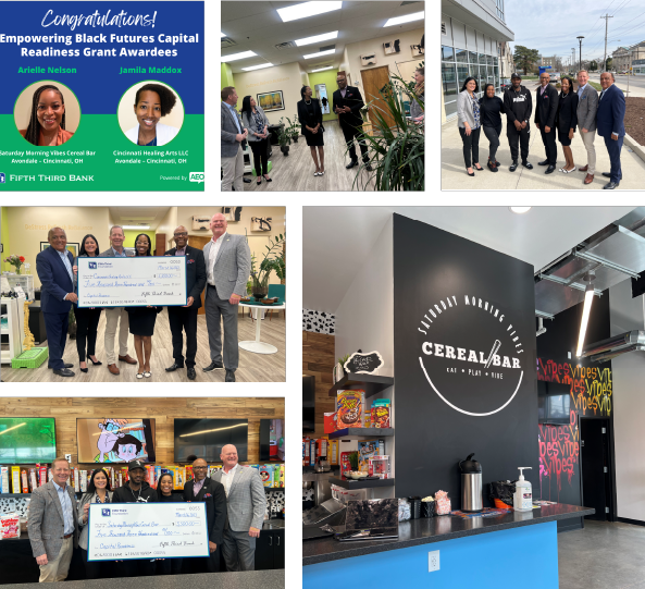 Collage of photos with text that reads "Congratulations! Empowering Black Futures Capital Readiness Grant Awardees. Arielle Nelson and Jamila Maddox