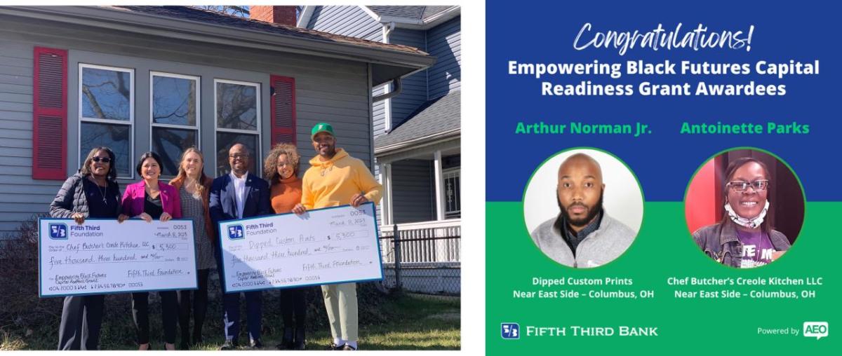 People holding big checks and Text: Congratulations! Empowering Black Futures Capital Readiness Grant Awardees. Arthur Norman Jr., Antoinette Parks