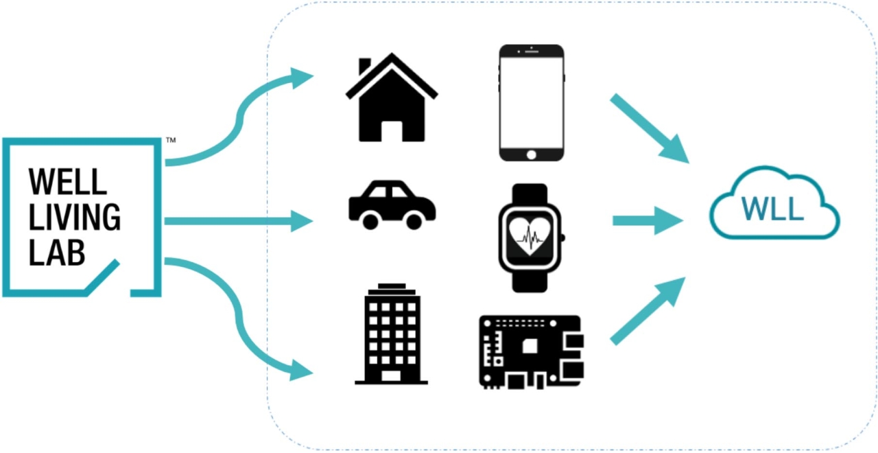 info graphic left is a box with Well Living lab, arrows pointing right out of it branching to symbols of home, car, building, phone, watch, and then pointing back to a cloud with WLL in it
