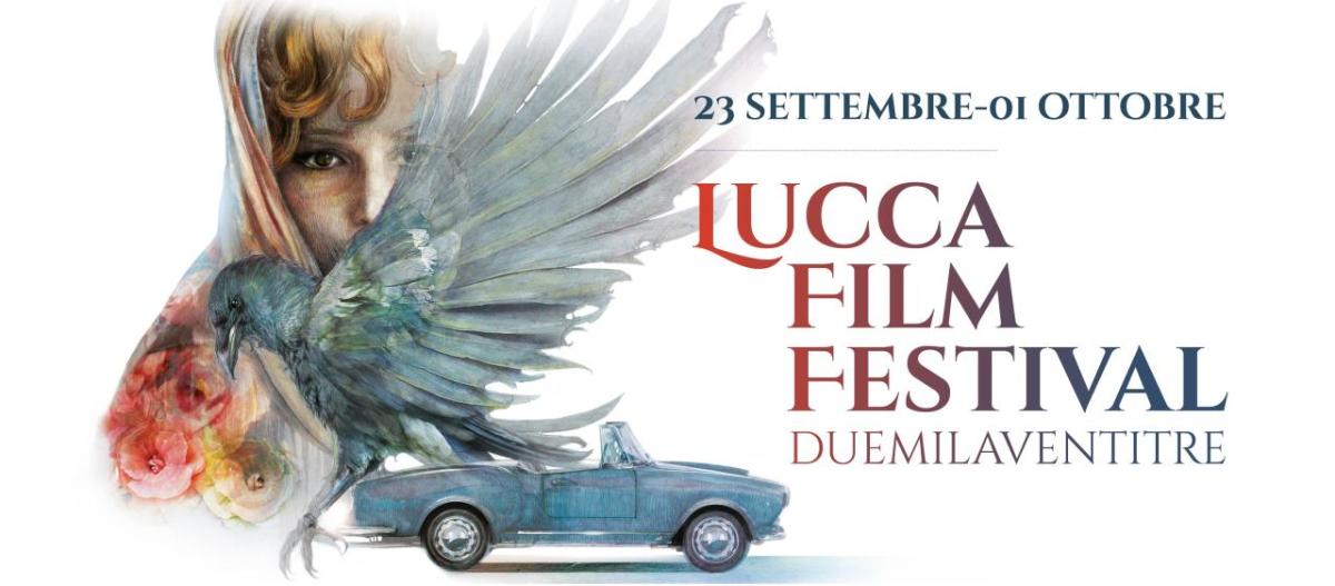 Lucca Film Festival, and other information in Italian. Images of a convertible car, a dark bird, and a face.