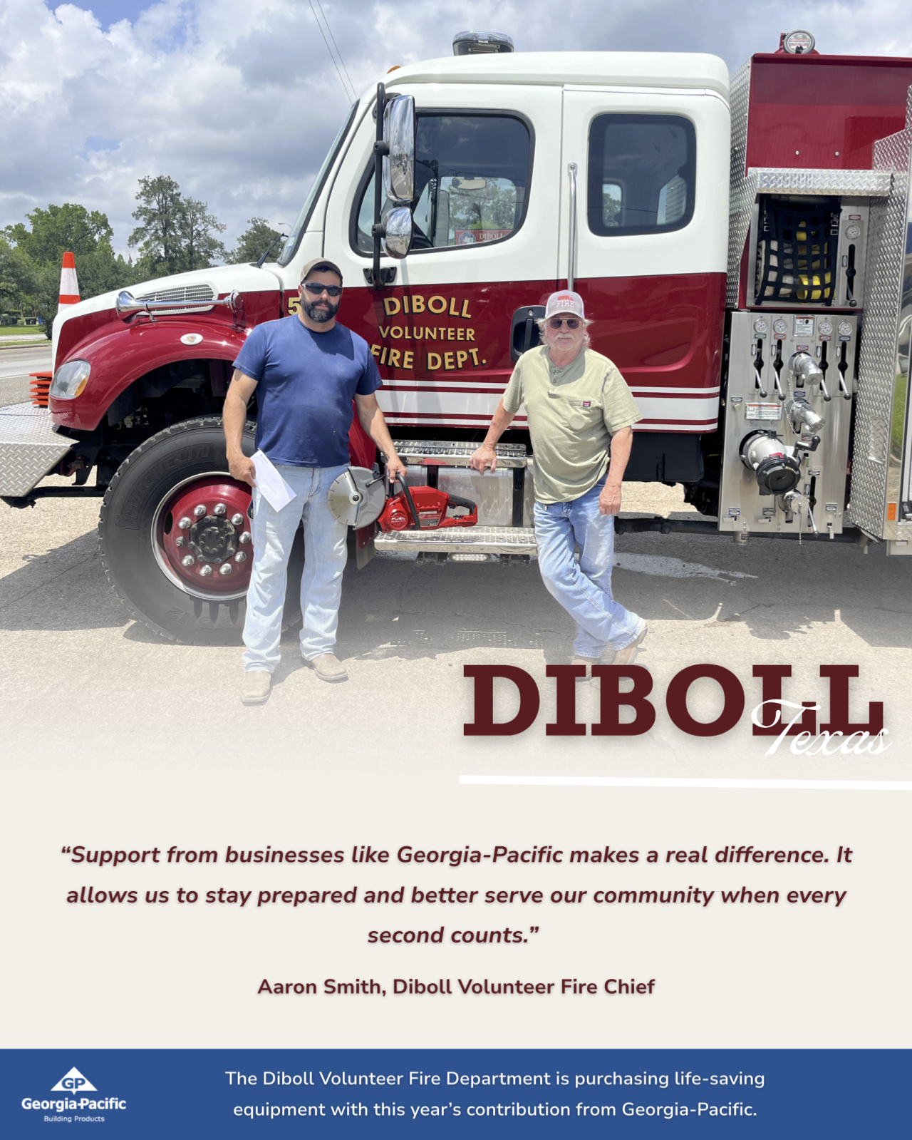 Group from the Diboll fire department standing by fire truck