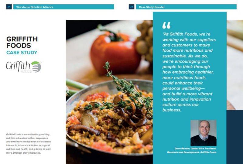 plate of food, a tomato and other foods in the background. Griffith Foods case study and logo on the right. The quote, and picture of, Dave Bender on the right