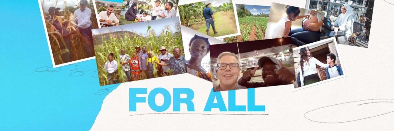 collage of photos of different groups of people, some in agriculture, some in families. "For All" at the bottom