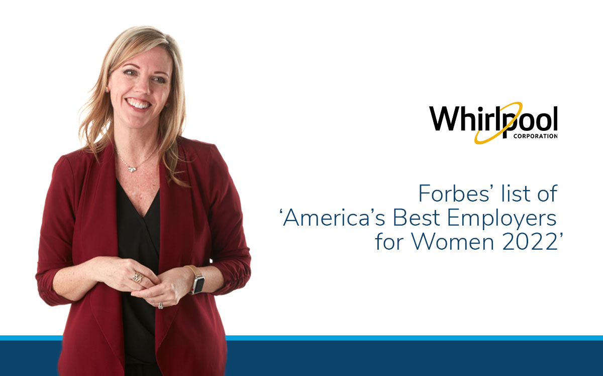 a person in a red blazer and black top, to their right the Whirlpool logo and "forbes' list of Americas best employers for women 2022"