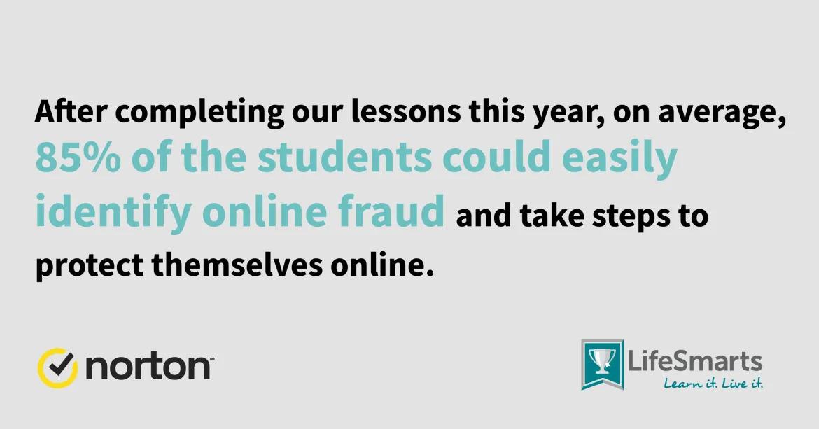 Norton and Lifesmarts logos. "After completing our lessons this year, on average, 85% of students could easily identify online fraud and take steps to protect themselves online."