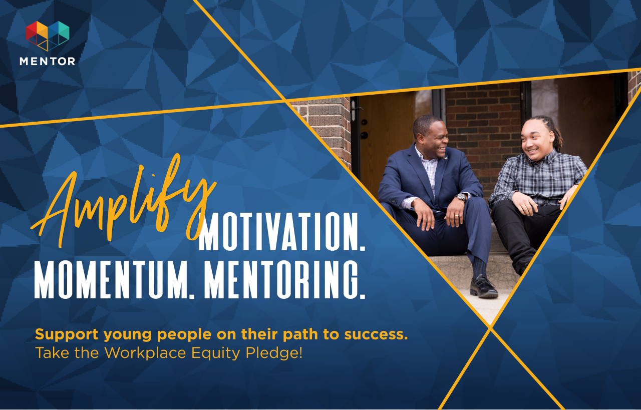 "Amplify Motivation, Momentum, Mentoring", with Two people smiling at each other