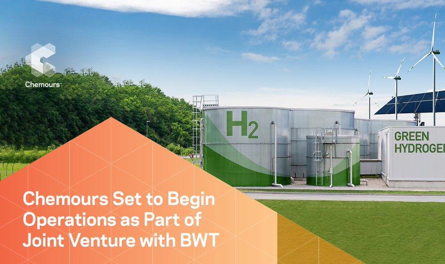 "Chemours set to begin Operations as PArt of a joint venture with BWT. Outdoor storage tanks with "Green Hydrogen" and wind turbines in the background.