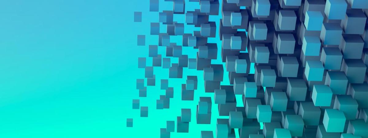 Gradient blocks becoming more densely packed to the right on a blue and green background.