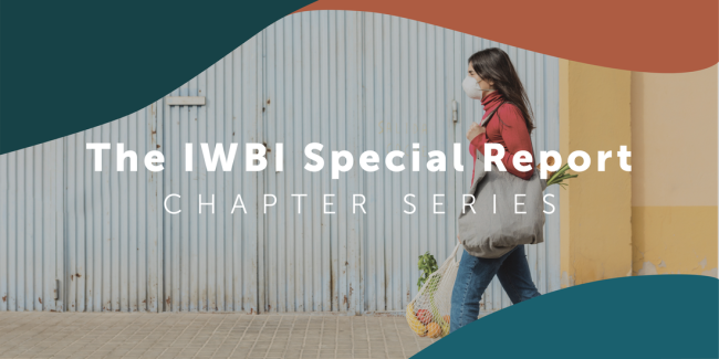 "The IWBI Special Report Chapter Series" over a woman walking and carrying bags