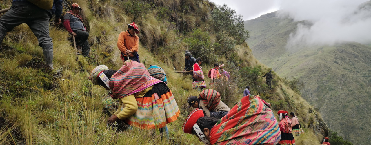 People in bright clothing working on the side of a mountain