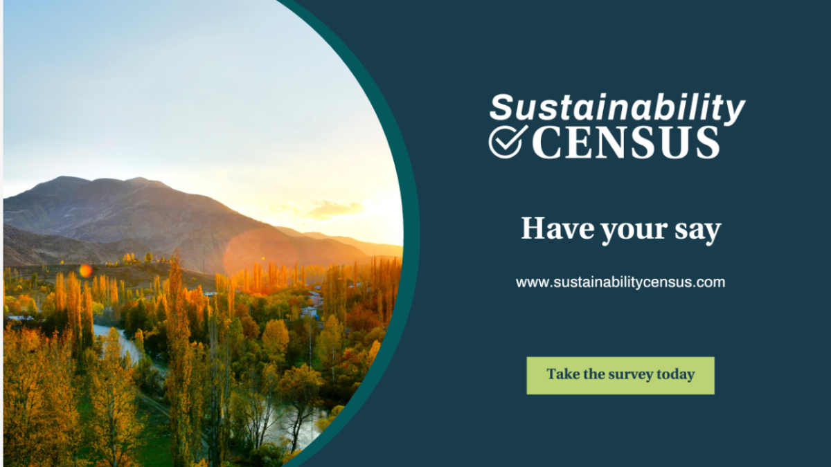 "Sustainability Census" logo "Have your say" www.sustainabilitycensus.com. Scenic mountain and forest landscape on the left.