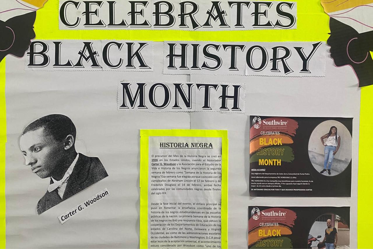 "Celebrates Black History Month" and photos of employees and famous figures.