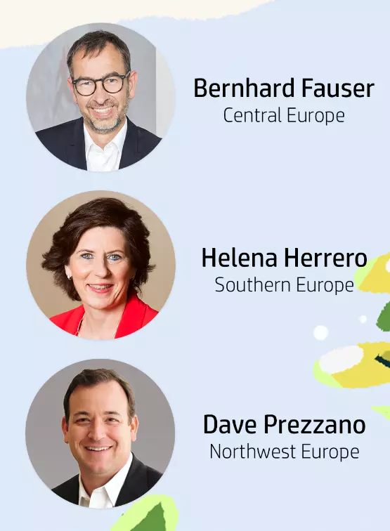 three HP managing directors photos: Bernhard Fauser (Central Europe), Helena Herrero (Southern Europe), and Dave Prezzano (Northwest Europe) 
