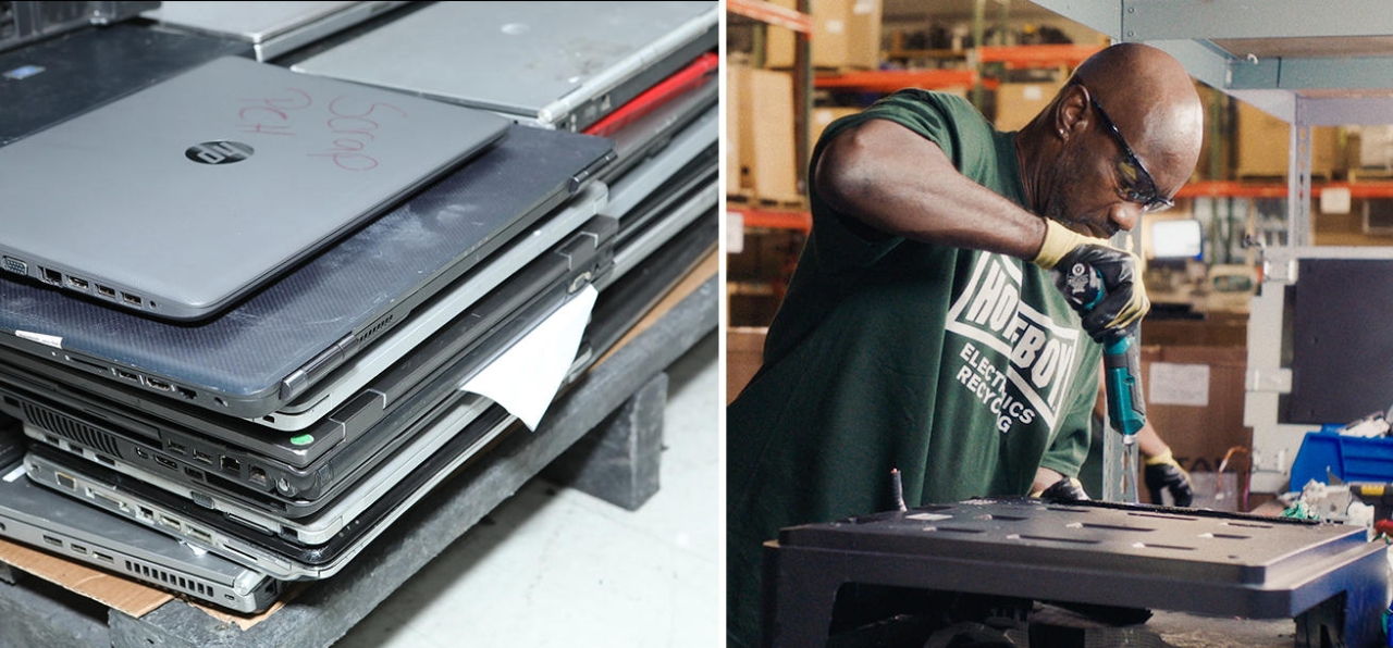left: a stack of recycled laptops, right: a man in safety gear holds a drill at a workbench