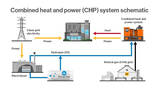 Info graphic showing the Combined heat and power system schematic and flow from power source to buildings and hydrogen systems