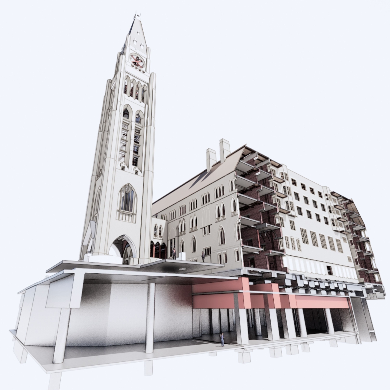 3D architectural image of a church with above and under ground structures