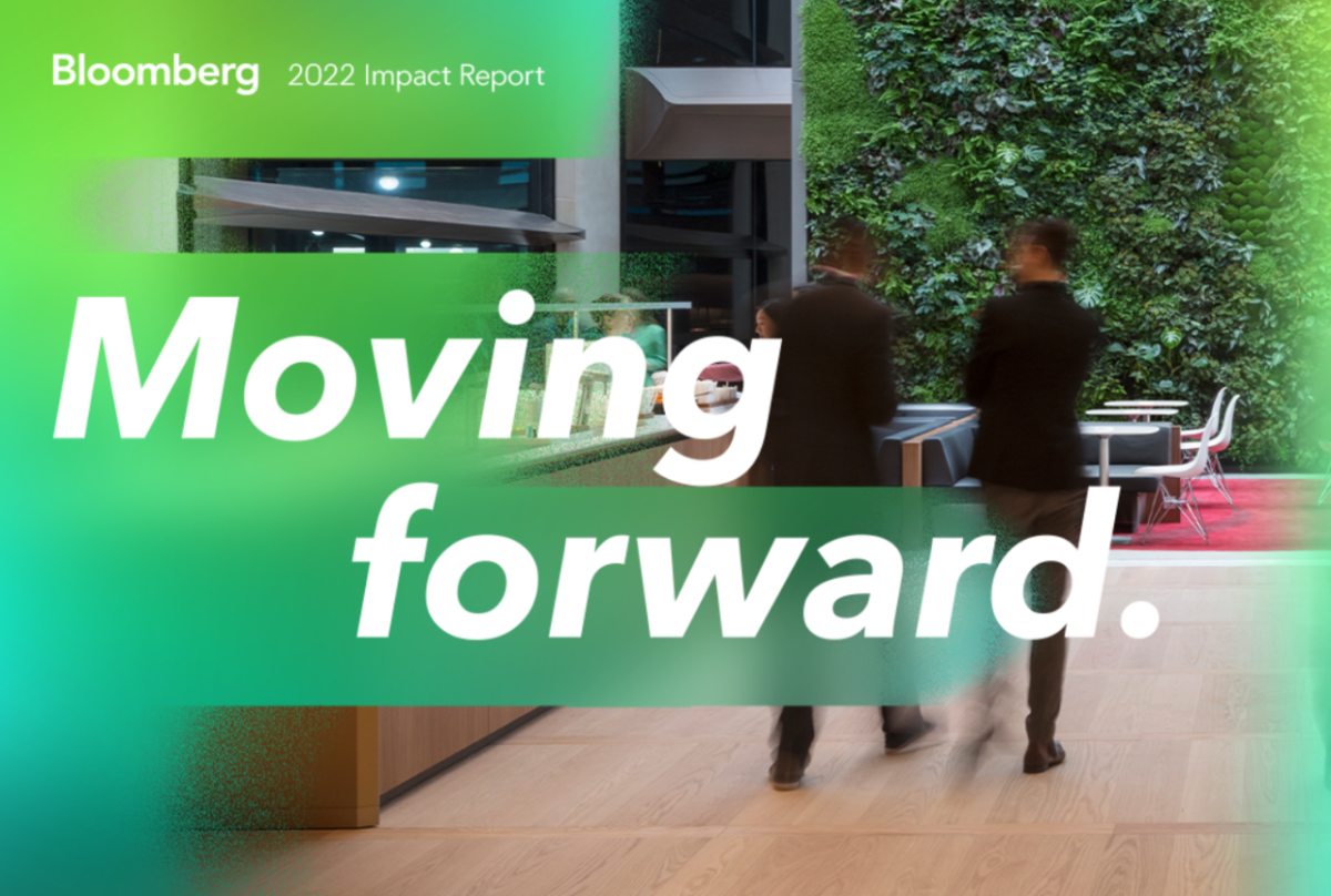 "Bloomberg 2022 Impact Report Moving forward" Two people blurred, walking together.