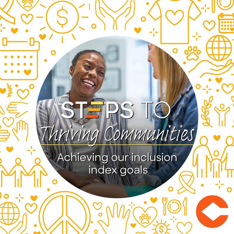 Yellow line drawing symbols in the background. Two people smiling in a circular photo. "Steps to thriving communities" on top.