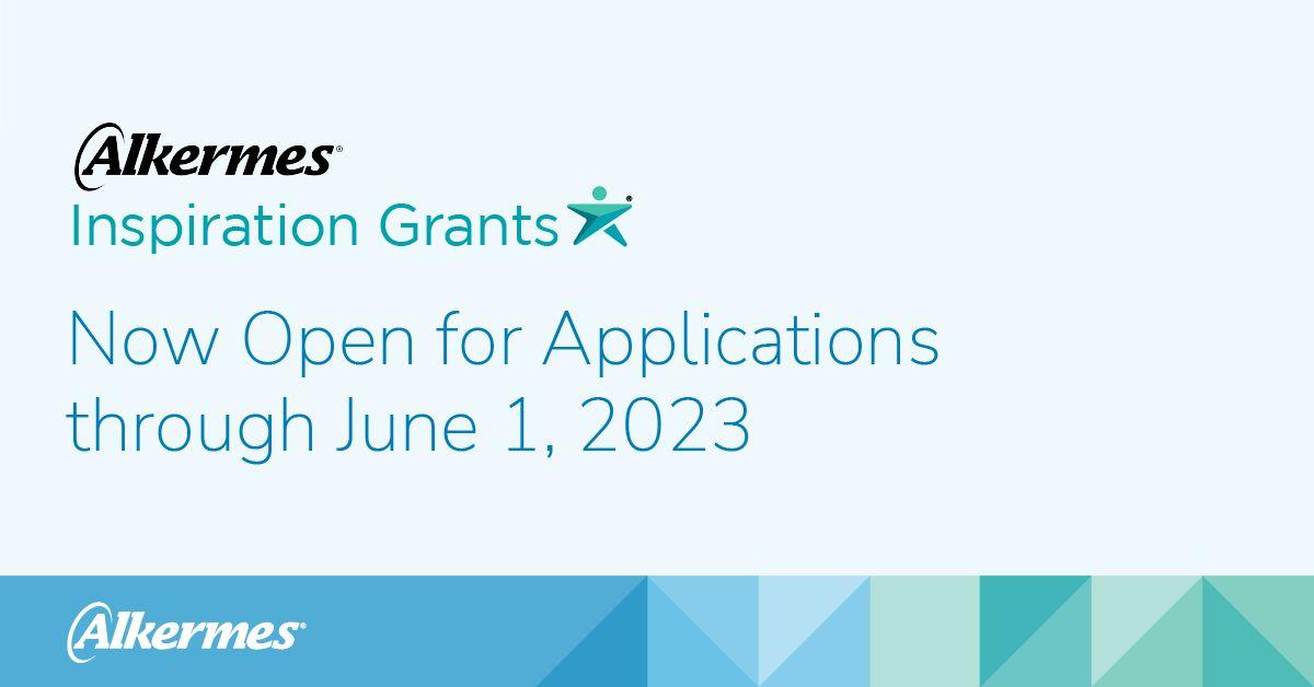 Alkermes logo and "Inspiration Grants" Now open for applications through June 1, 2023.
