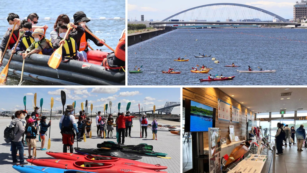 collage of four photos; a group of people in a raft paddling, a large bridge over water with kayakers, a group of kayakers on land holding paddles behind their kayaks, a group of people inside a museum type setting, an old kayak on display