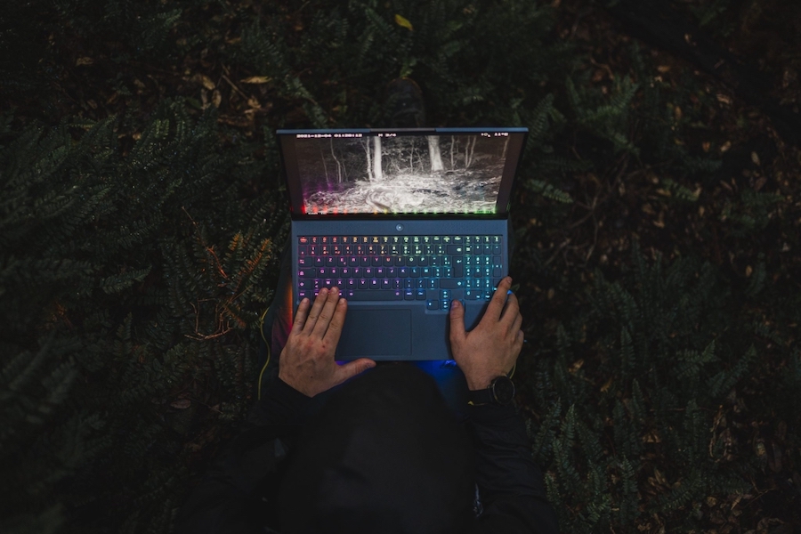 Laptop outside at night