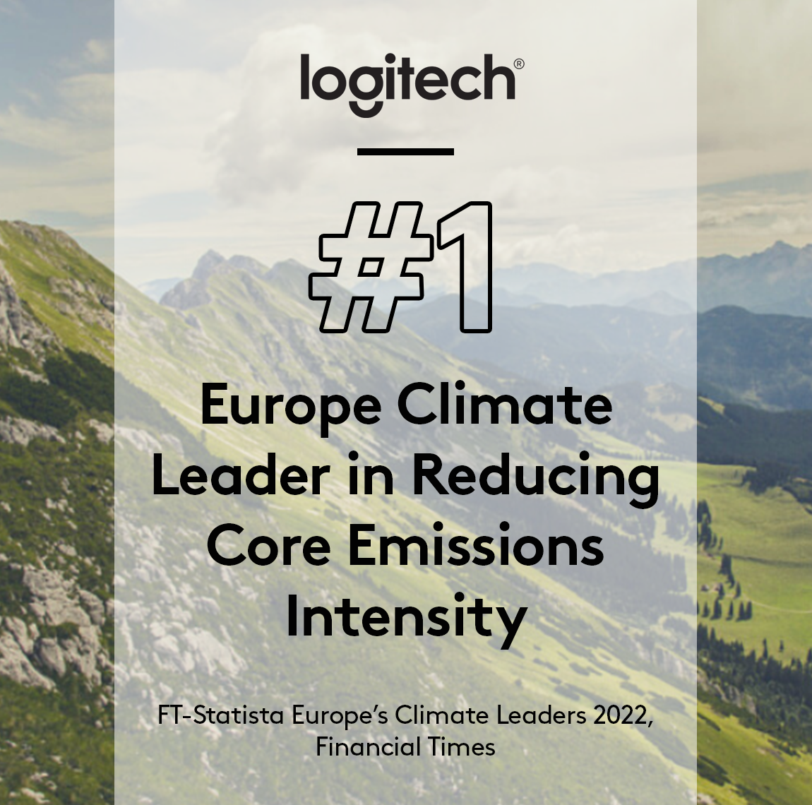 "Logitech: #1 Europe Climate Leader in Reducing Core Emissions Intensity" over mountain landscapeland