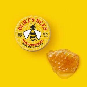 Burts Bees lip balm in a circular tin.