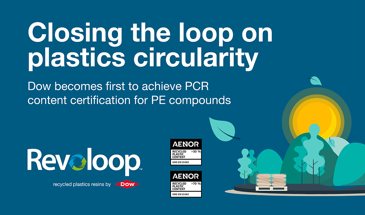 Text on illustration: Closing the loop on Plastics circularity, Dow becomes first to achieve PCR content certification for PE compounds