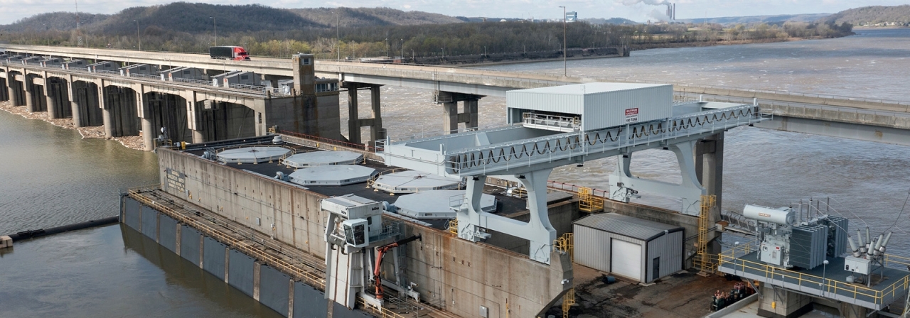 aerial view of hydroelectric dam on a river