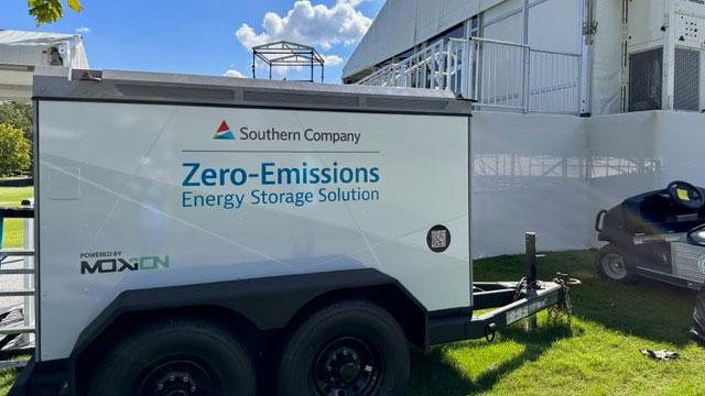 A trailer with Southern Company logo and "Zero-emissions Energy Storage Solutions" on the side.