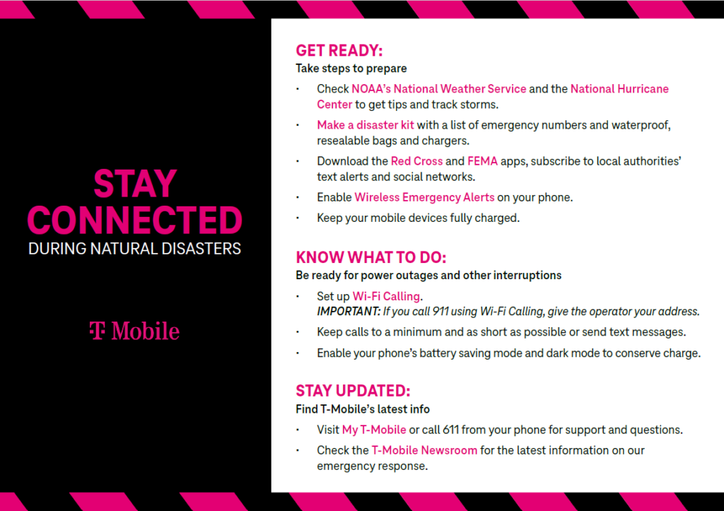 Info graphic "Stay Connected during natural disasters" Tips to "Get Ready, Know what to do, and Stay updated"
