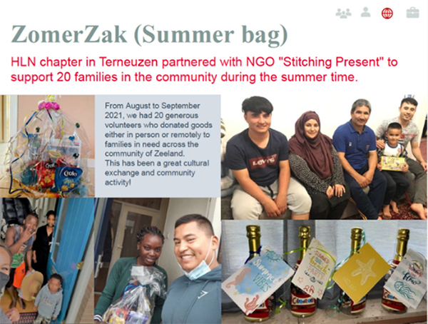 Collage of photos under a banner "ZomerZak (Summer bag)" photos of families, bags of food and supplies, handmade cards.