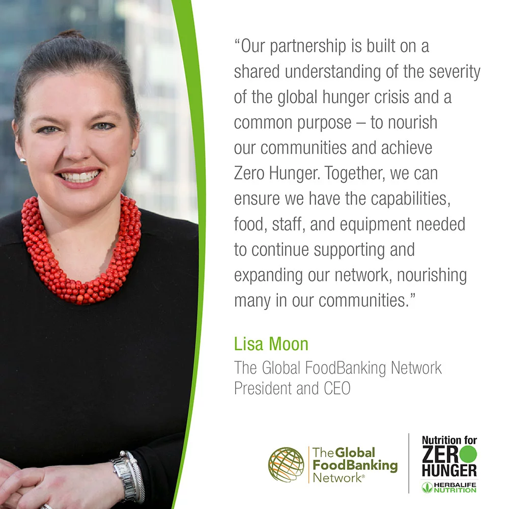 Lisa Moon and quote. The Global FoodBanking and Nutrition for Zero Hunger logos.