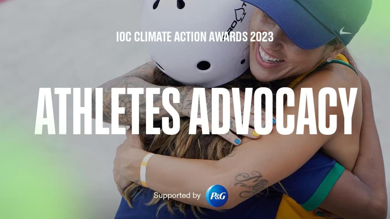 "Athletes Advocacy" and P&G logo. Two people hugging.