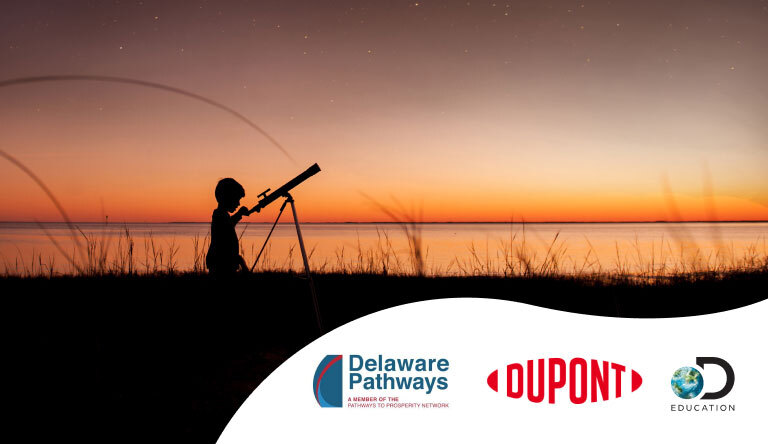 child looking through telescope at the sunset. Below are logos for Discovery Education, Dupont, and Delaware Department of Eduction