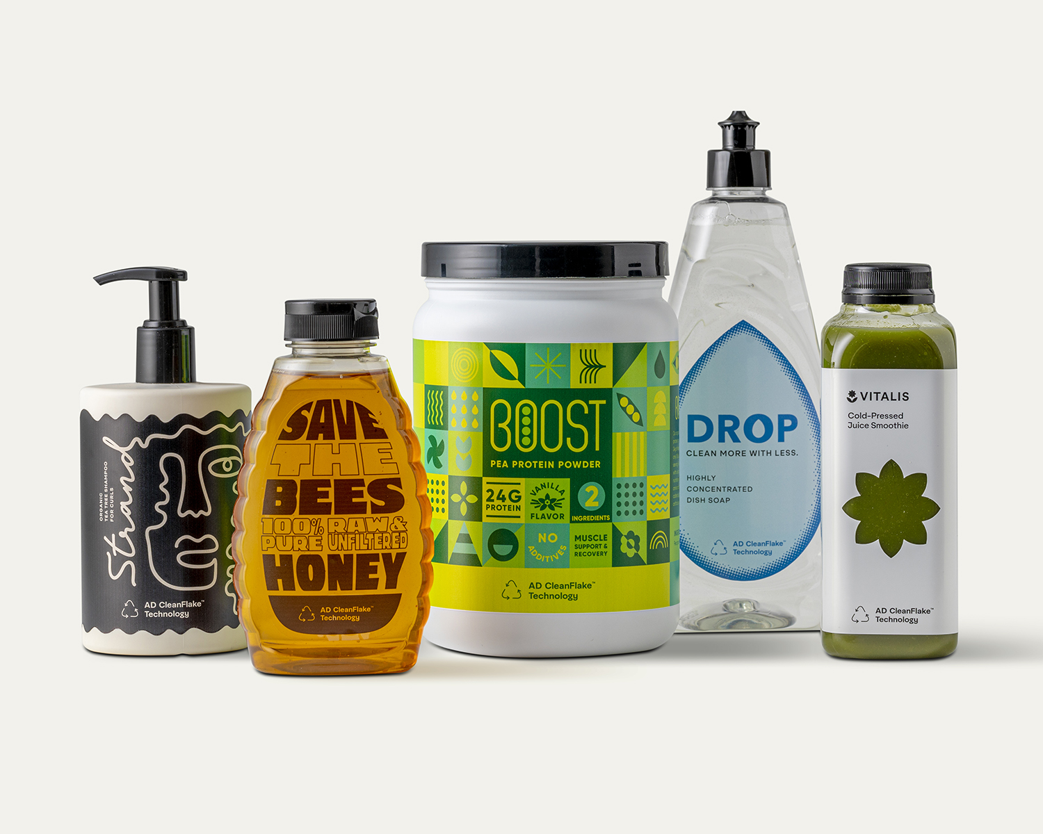 A render of a lineup of products with pressure-sensitive labels on the packaging, including shampoo, honey, protein powder, dish soap and juice.