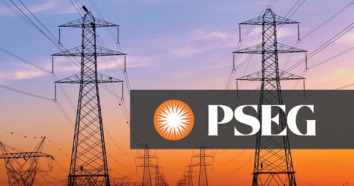 PSEG logo; Image of high tension electrical wires against a purple sky.