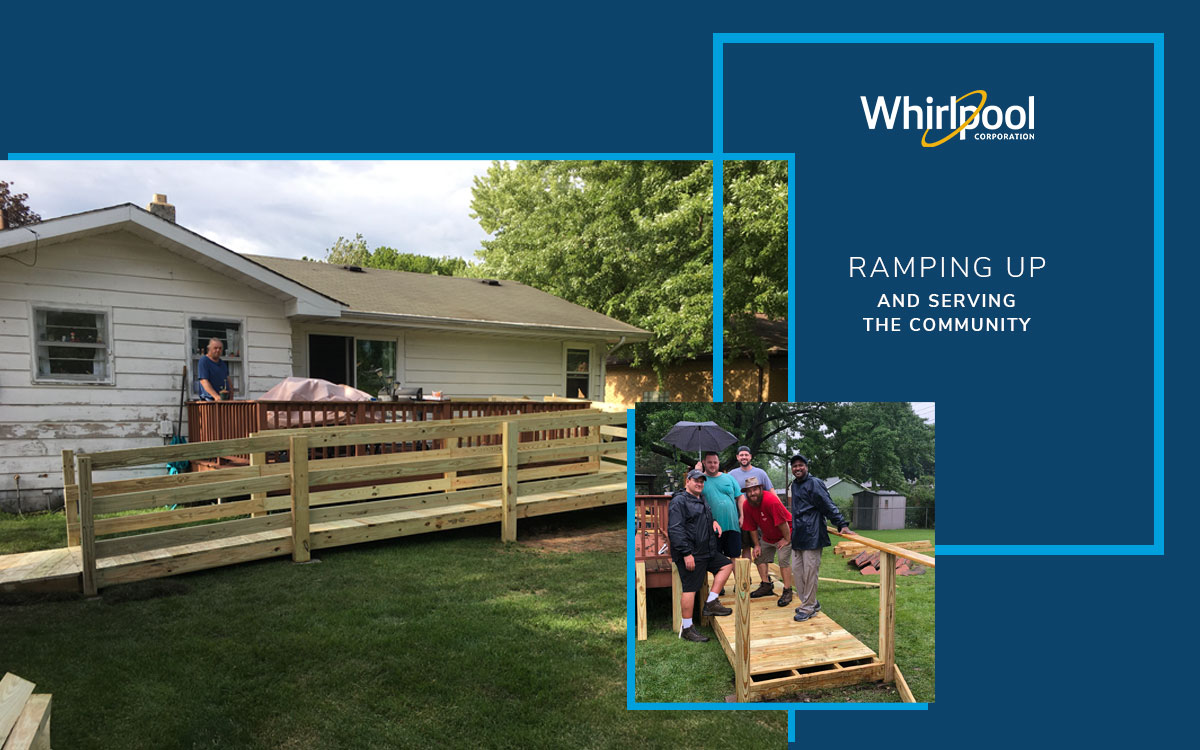 A home with a newly built wooden ramp. Whirlpool logo and "Ramping up" on the side