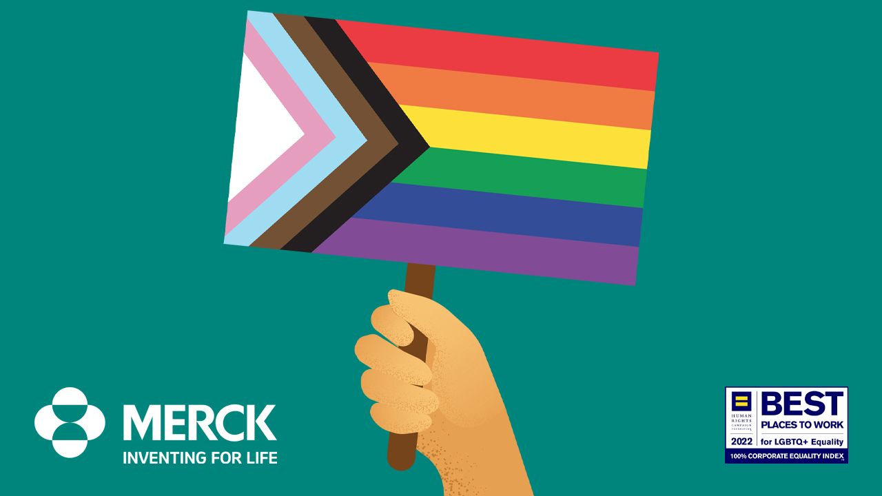 artistic representation of LBGTQ+ flag with Merck logo "Merck. Investing for life"